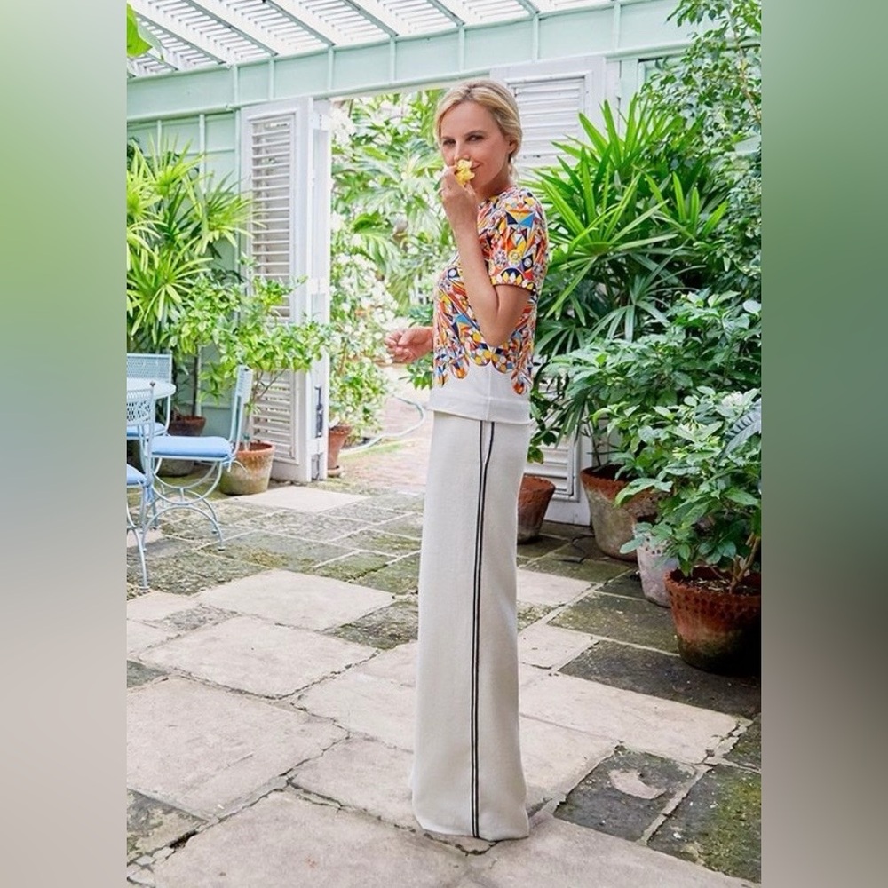 Tory Burch Cara Cream Wide-Leg Pants/Black Stripe, Size 10 NEW
